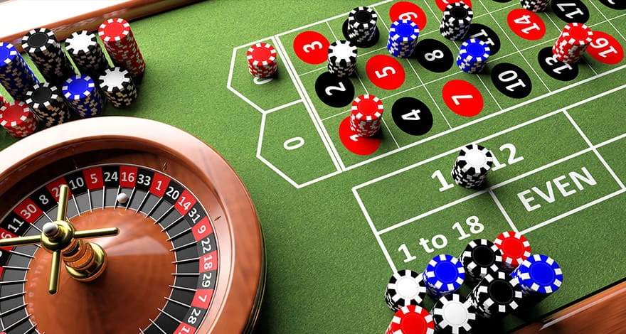 roulette table, chips and wheel